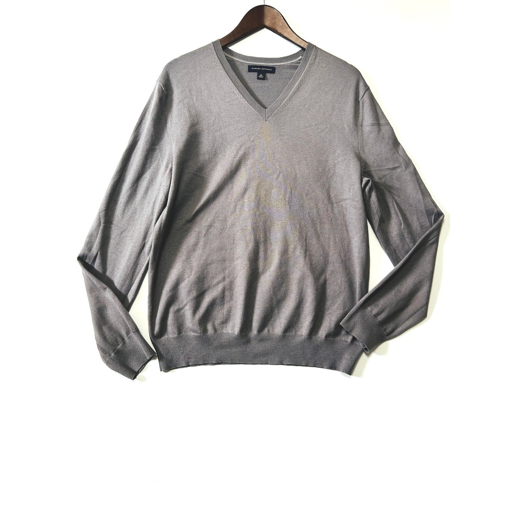 Banana Republic Mens Silk V-Neck Sweater Taupe Grey Size M Preppy Luxury